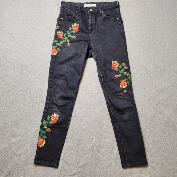 Topshop Denim - Topshop Jamie High Waisted Embroidered Roses Black Cropped Stretchy Jeans 30